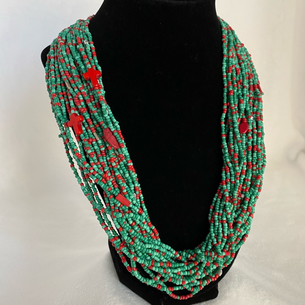 Multi Strand Chunky Turquoise & Red Necklace